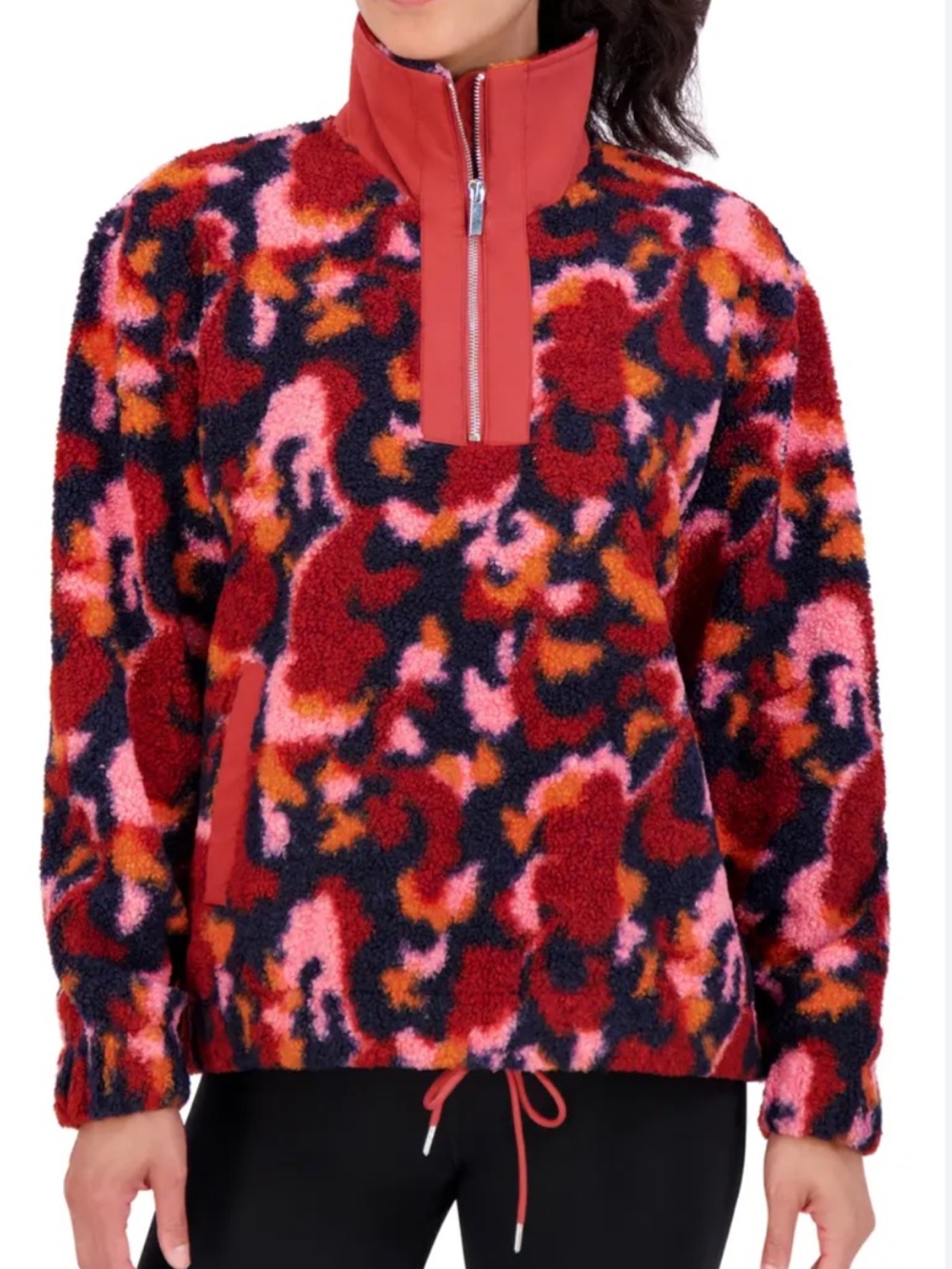 NWOT Sage Collective Faux Shearling Pullover retro swirl red pink oversized M